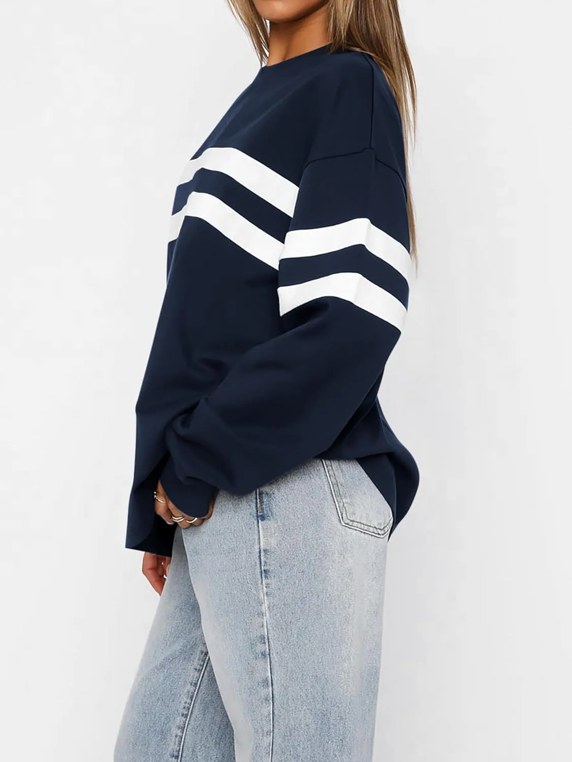 MASCOMODA Women's 2025 Striped Oversized Sweatshirt Fall Crewneck Long Sleeve Shirts Casual Color Block Pullover Tops