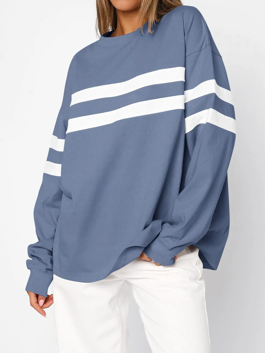 MASCOMODA Women's 2025 Striped Oversized Sweatshirt Fall Crewneck Long Sleeve Shirts Casual Color Block Pullover Tops