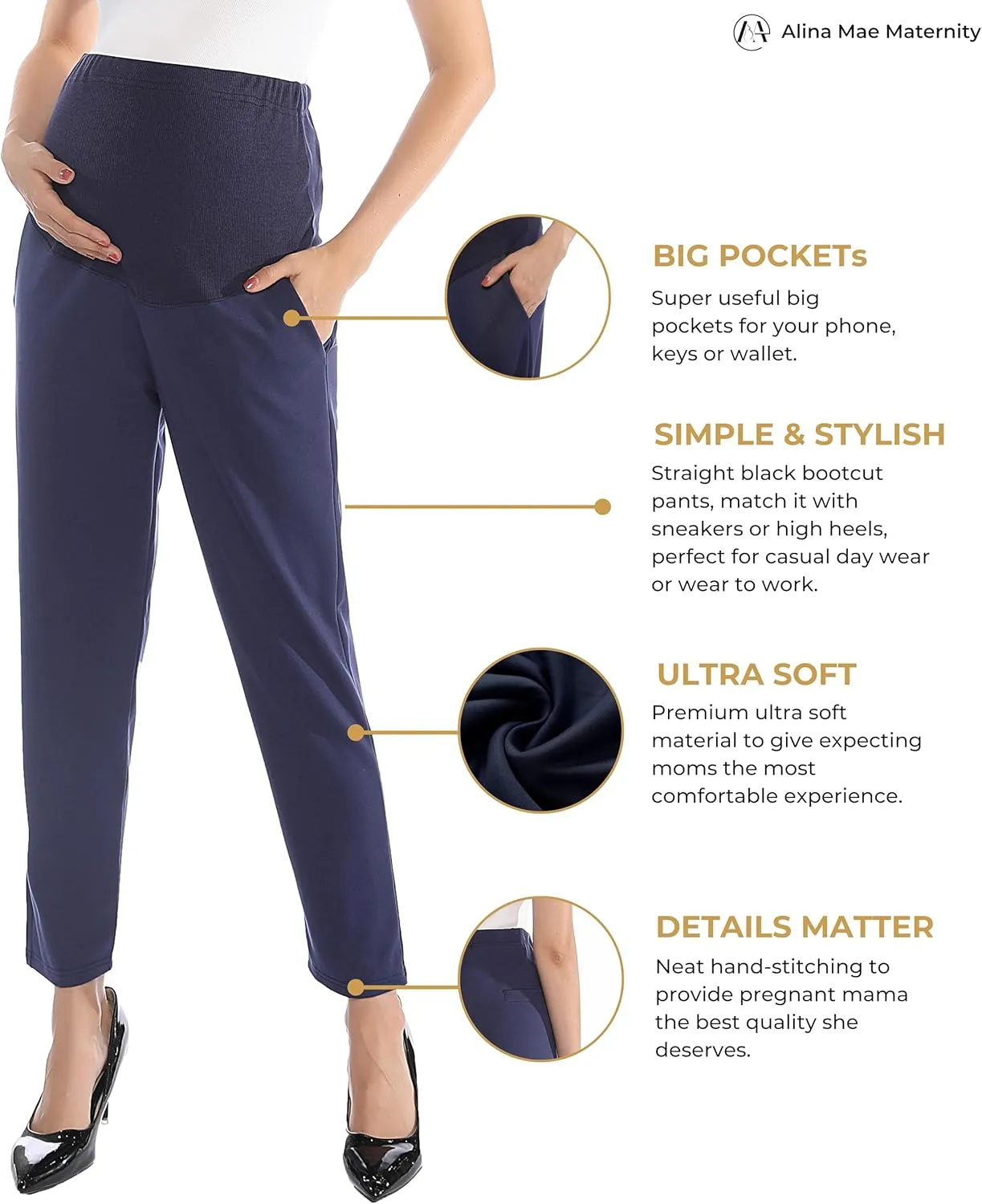 Maternity Pants Work Over The Belly with Pockets, Womens Pregnancy Dress Pants Office Clothes Trousers Stretch Summer
