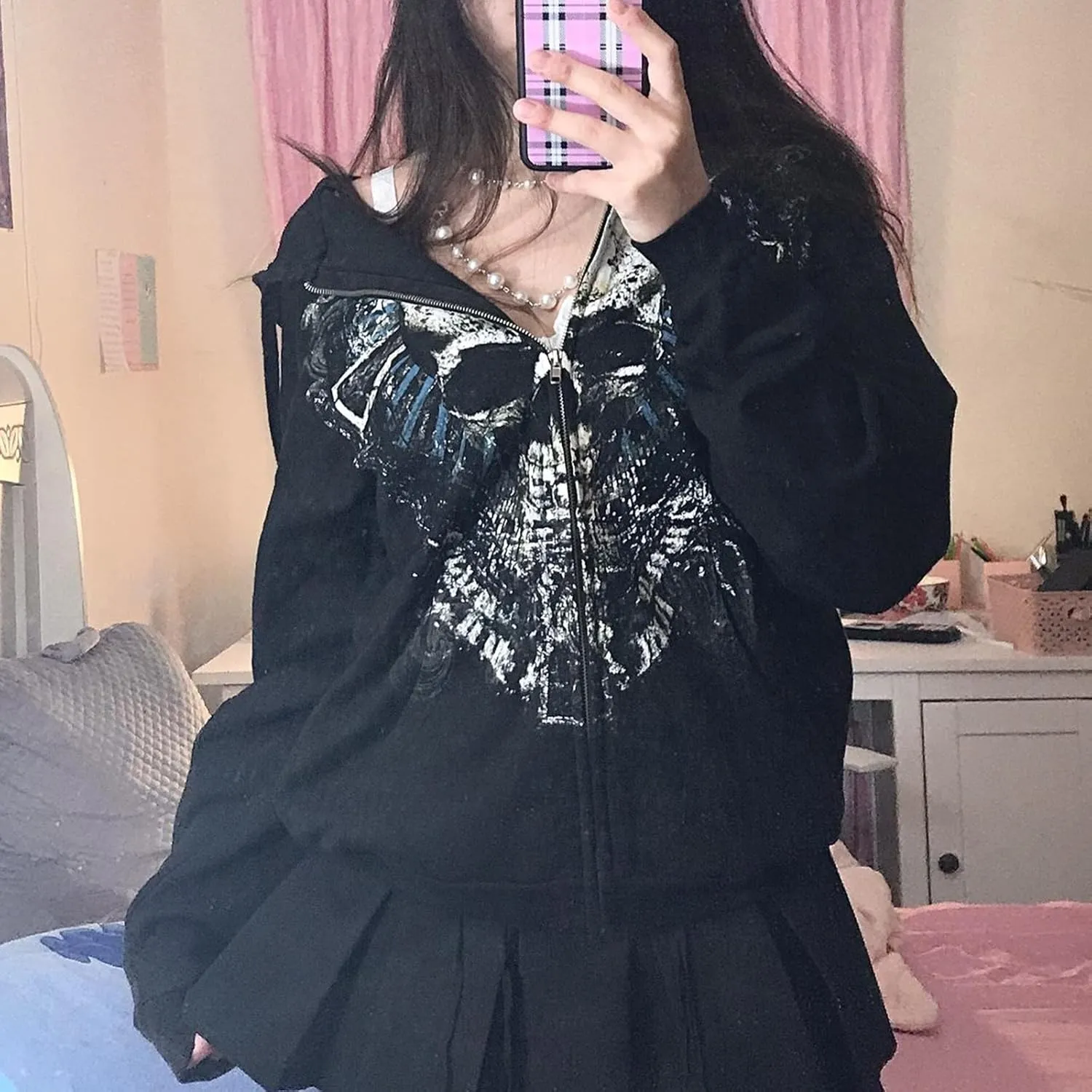 Meiweileya Y2k Womens Zip Up Fairy Grunge Oversized Hoodies Long Sleeve Aesthetic Skeleton Graphic Streetwear Jackets