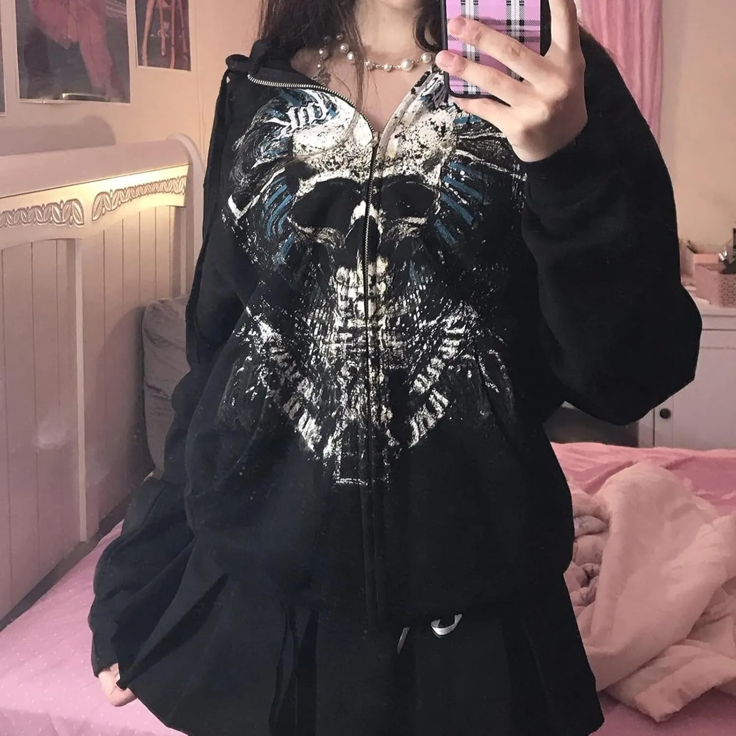 Meiweileya Y2k Womens Zip Up Fairy Grunge Oversized Hoodies Long Sleeve Aesthetic Skeleton Graphic Streetwear Jackets