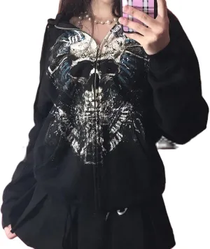 Meiweileya Y2k Womens Zip Up Fairy Grunge Oversized Hoodies Long Sleeve Aesthetic Skeleton Graphic Streetwear Jackets
