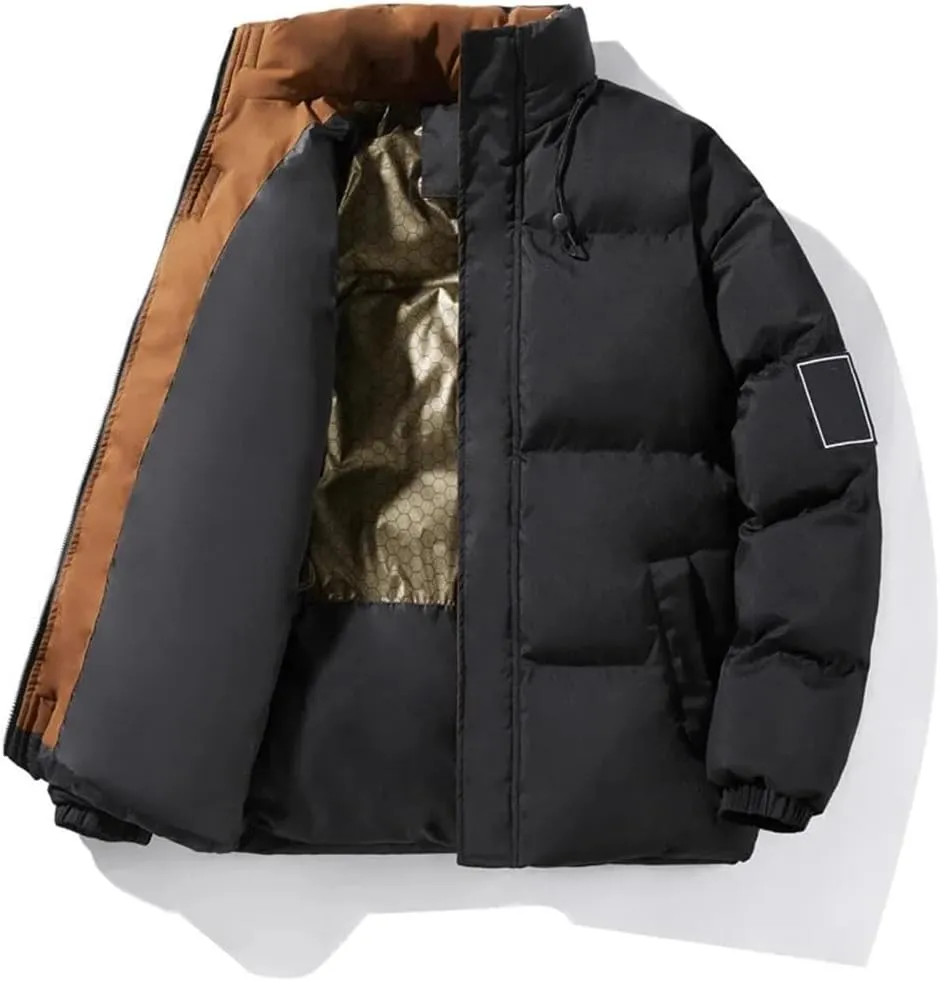 Men Patchwork Thick Puffer Jacket Parka Down Coat Stand Collar Loose Cotton-Padded Jackets