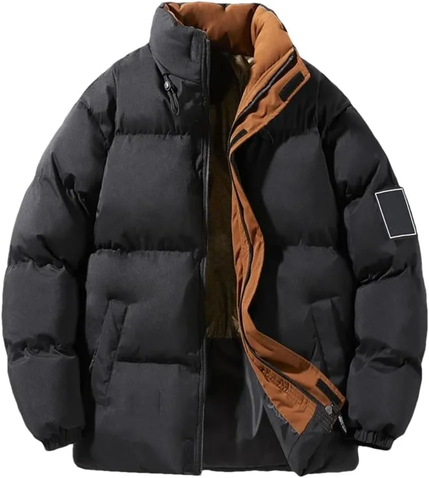 Men Patchwork Thick Puffer Jacket Parka Down Coat Stand Collar Loose Cotton-Padded Jackets