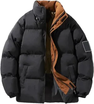 Men Patchwork Thick Puffer Jacket Parka Down Coat Stand Collar Loose Cotton-Padded Jackets