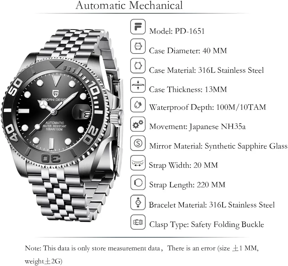 Men Watches Pagani Design Watch for Men Automatic NH35 Mechanical 100M Waterproof Stainless Steel Sapphire Glass Yacht Wristwatch PD-1651