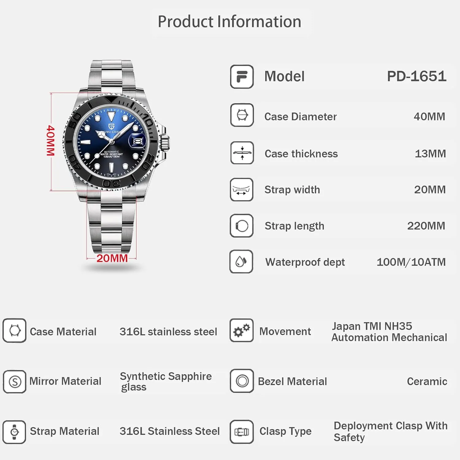 Men Watches Pagani Design Watch for Men Automatic NH35 Mechanical 100M Waterproof Stainless Steel Sapphire Glass Yacht Wristwatch PD-1651