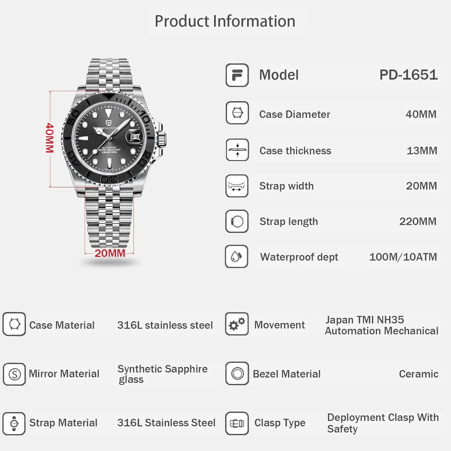 Men Watches Pagani Design Watch for Men Automatic NH35 Mechanical 100M Waterproof Stainless Steel Sapphire Glass Yacht Wristwatch PD-1651
