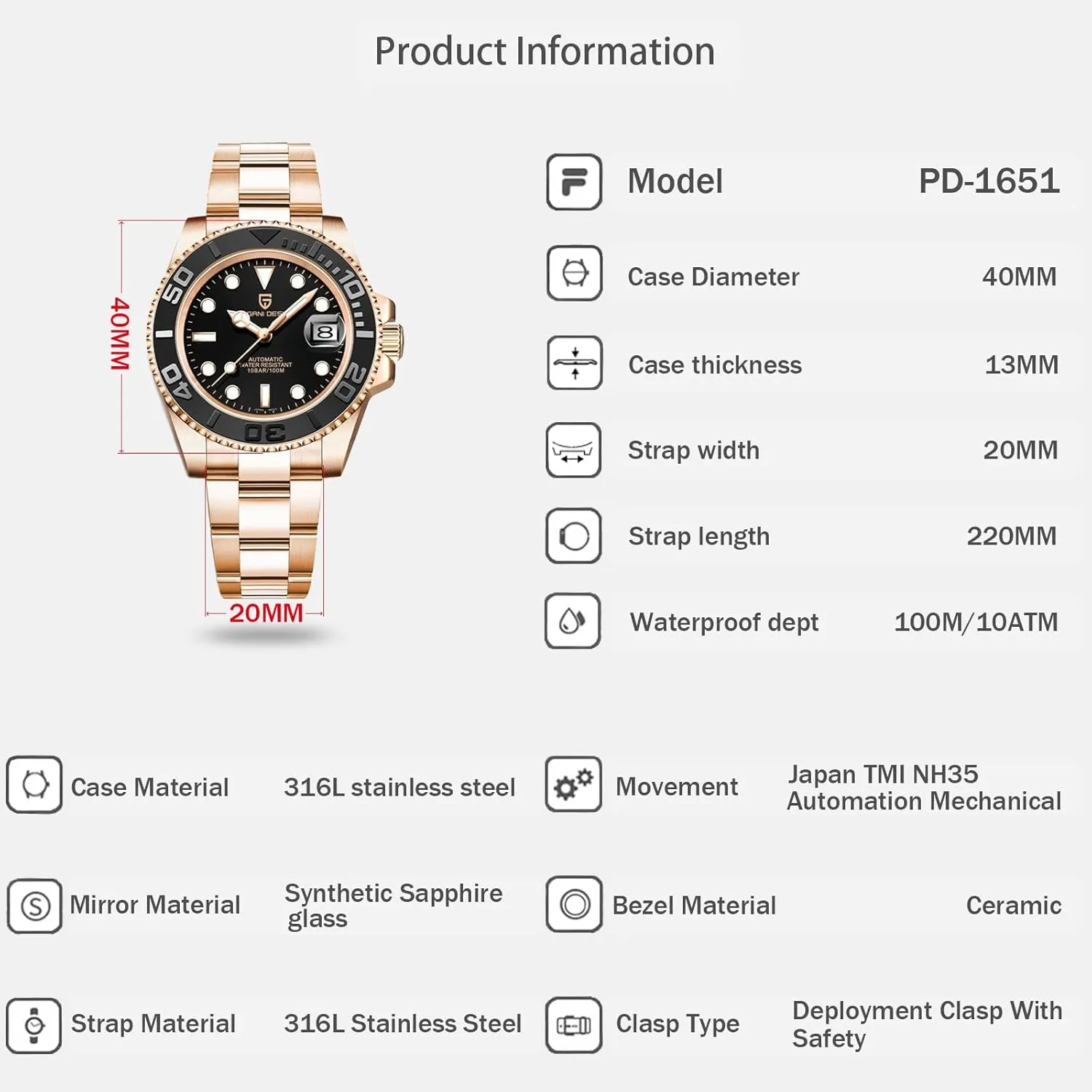 Men Watches Pagani Design Watch for Men Automatic NH35 Mechanical 100M Waterproof Stainless Steel Sapphire Glass Yacht Wristwatch PD-1651