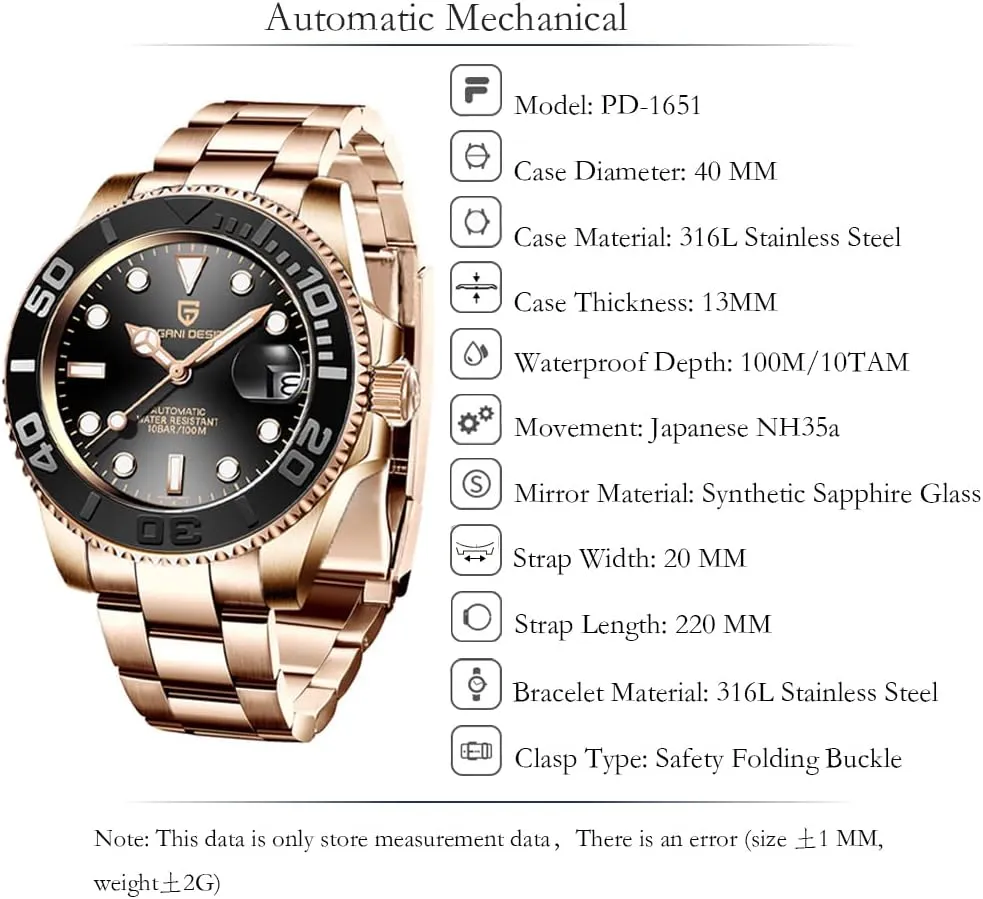 Men Watches Pagani Design Watch for Men Automatic NH35 Mechanical 100M Waterproof Stainless Steel Sapphire Glass Yacht Wristwatch PD-1651