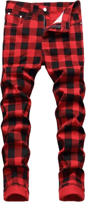 Men's Plaid Stylish Pant Slim Fit Jean Skinny Denim Pants Casual Dress Chinos Pants for Men