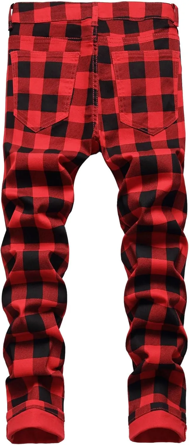 Men's Plaid Stylish Pant Slim Fit Jean Skinny Denim Pants Casual Dress Chinos Pants for Men