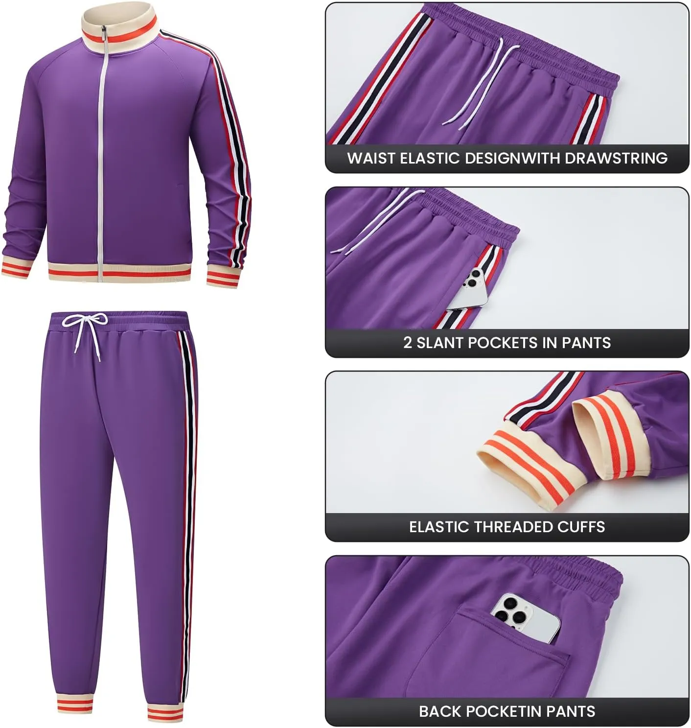Men's Track suits Sets Long Sleeve Full-zip Sweatsuit Active Jackets and Pants 2 Piece Outfits
