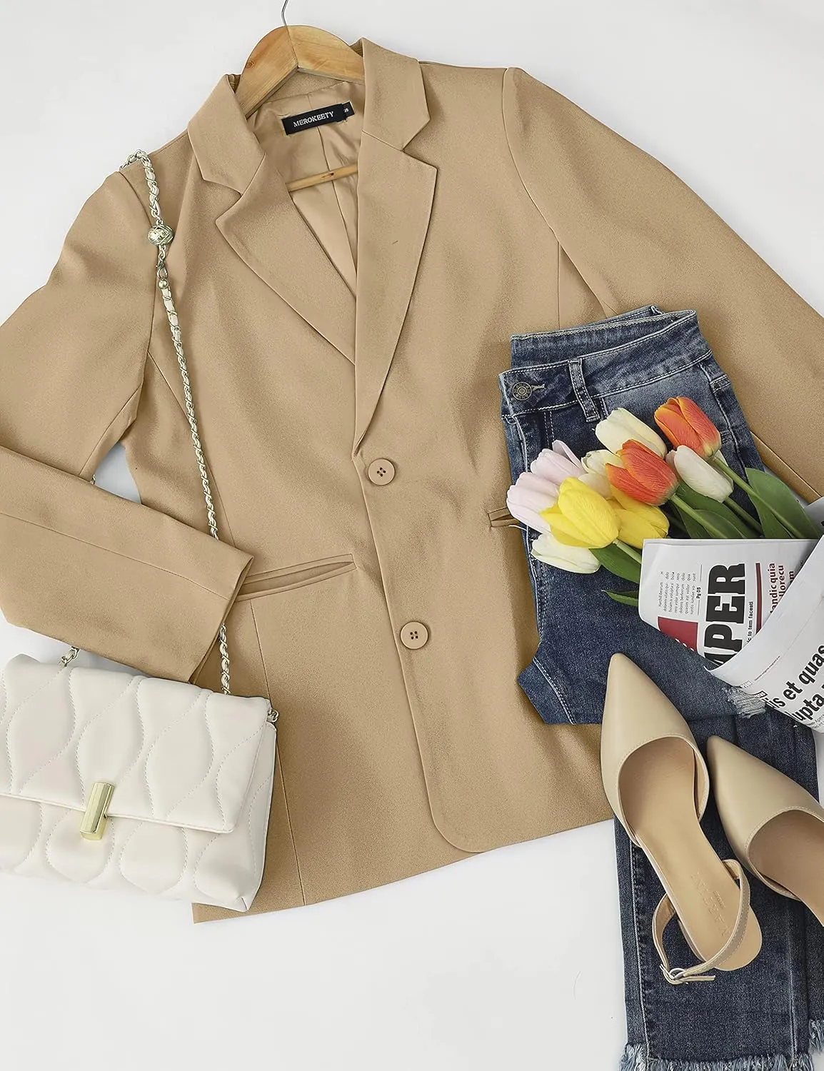 MEROKEETY Women's 2024 Fall Casual Blazers Long Sleeve Lapel Open Front Button Work Blazer Jackets with Pockets