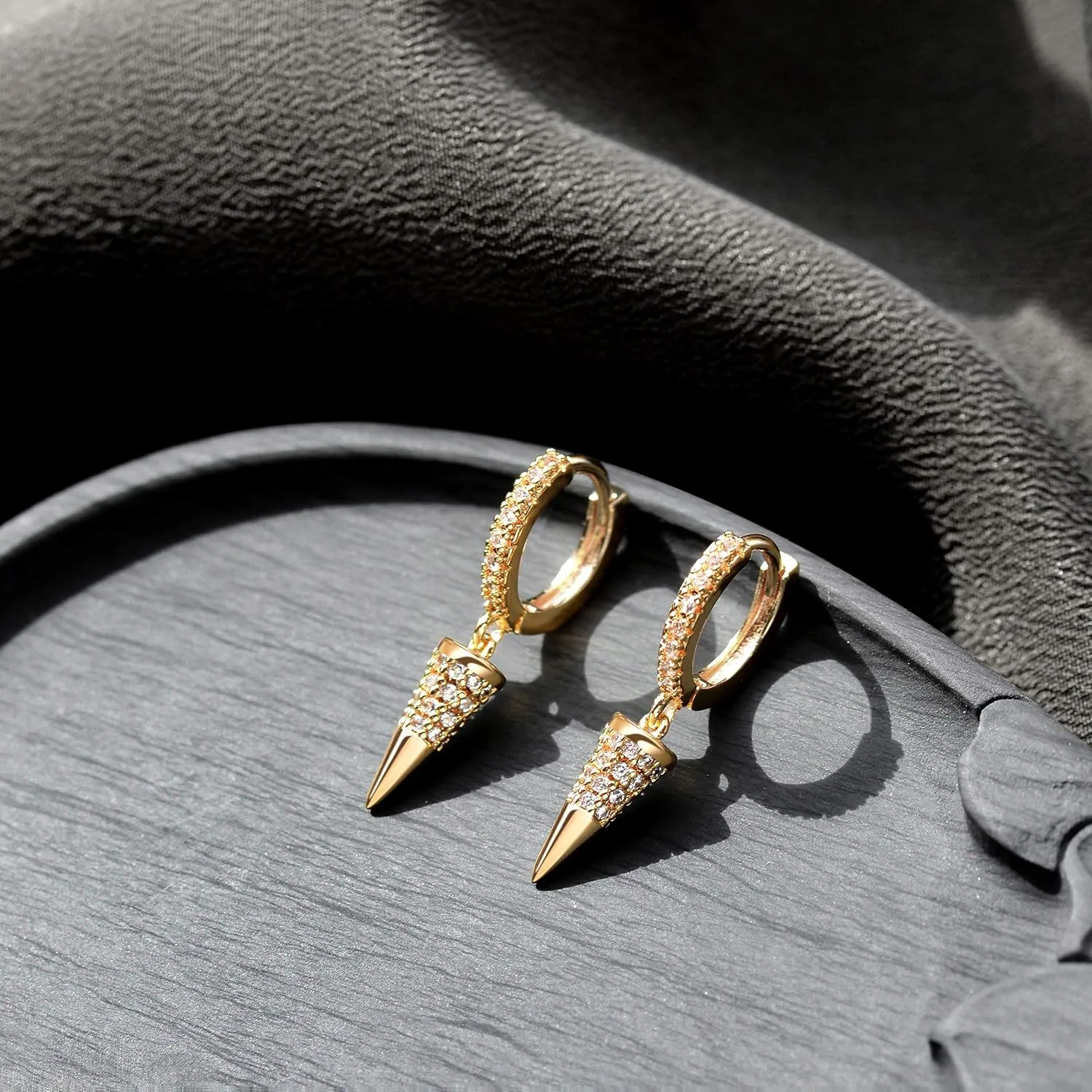 Mevecco Gold Dainty Dangle Hoop Earrings for Women 14K Gold Plated Delicate cute Geometric Triangle Cone Dangle Earrings