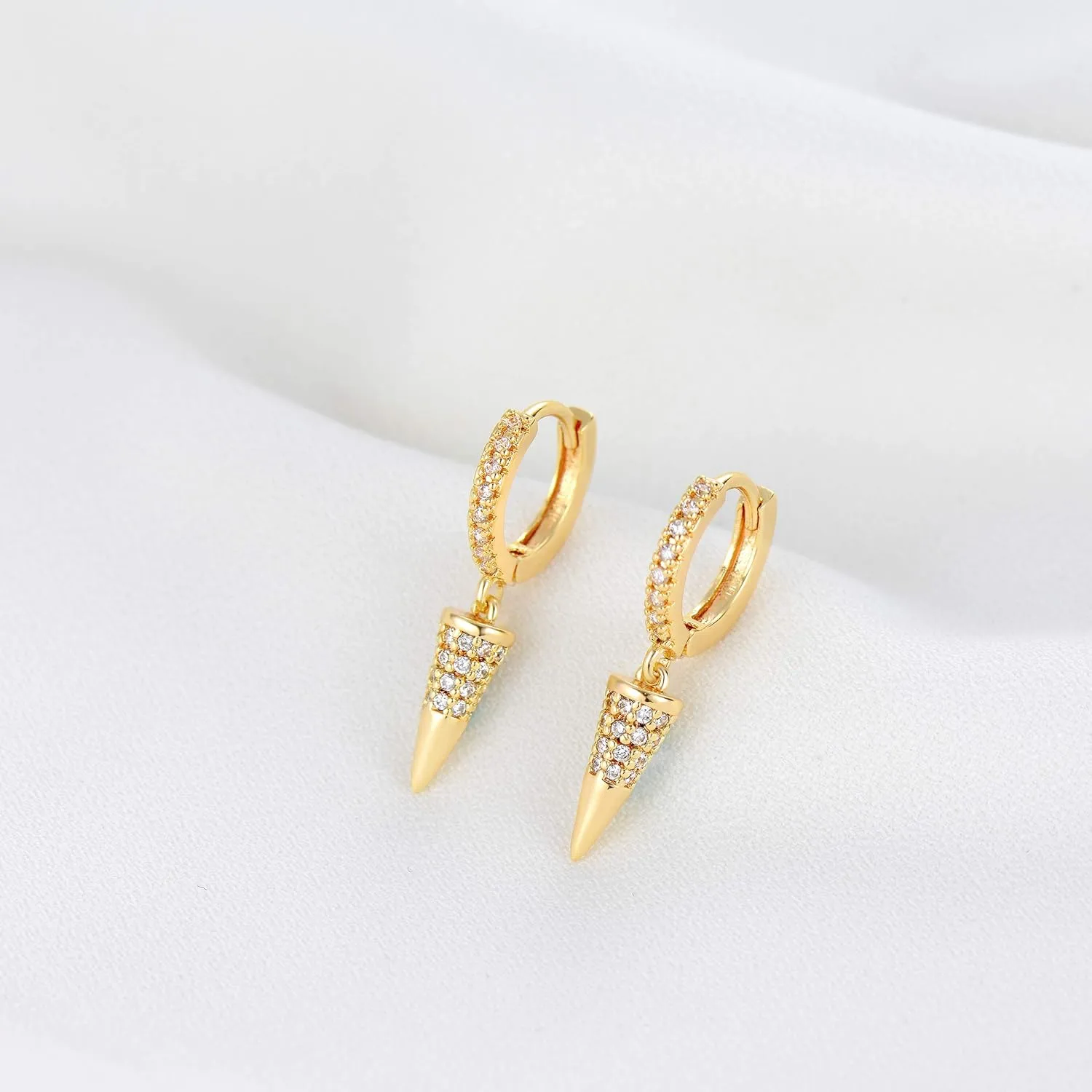 Mevecco Gold Dainty Dangle Hoop Earrings for Women 14K Gold Plated Delicate cute Geometric Triangle Cone Dangle Earrings
