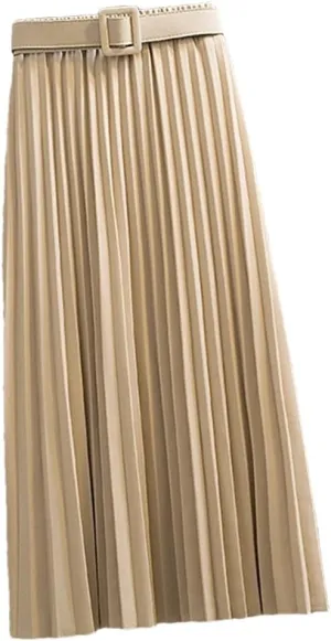 Mid-Length Pleated Skirt for Women Korean Elegant Solid A Line Belt High Waist Midi Long Skirt