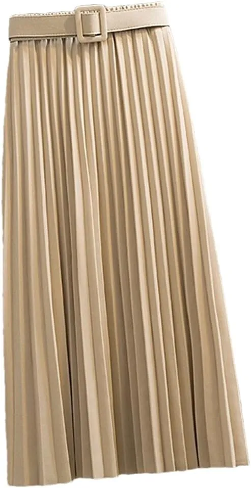 Mid-Length Pleated Skirt for Women Korean Elegant Solid A Line Belt High Waist Midi Long Skirt