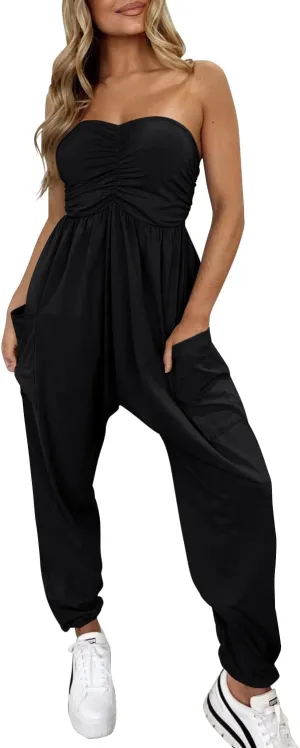 MIHOLL Womens Jumpsuit 2025 Casual Summer Strapless One Piece Rompers Loose Overalls Jumpers with Pockets