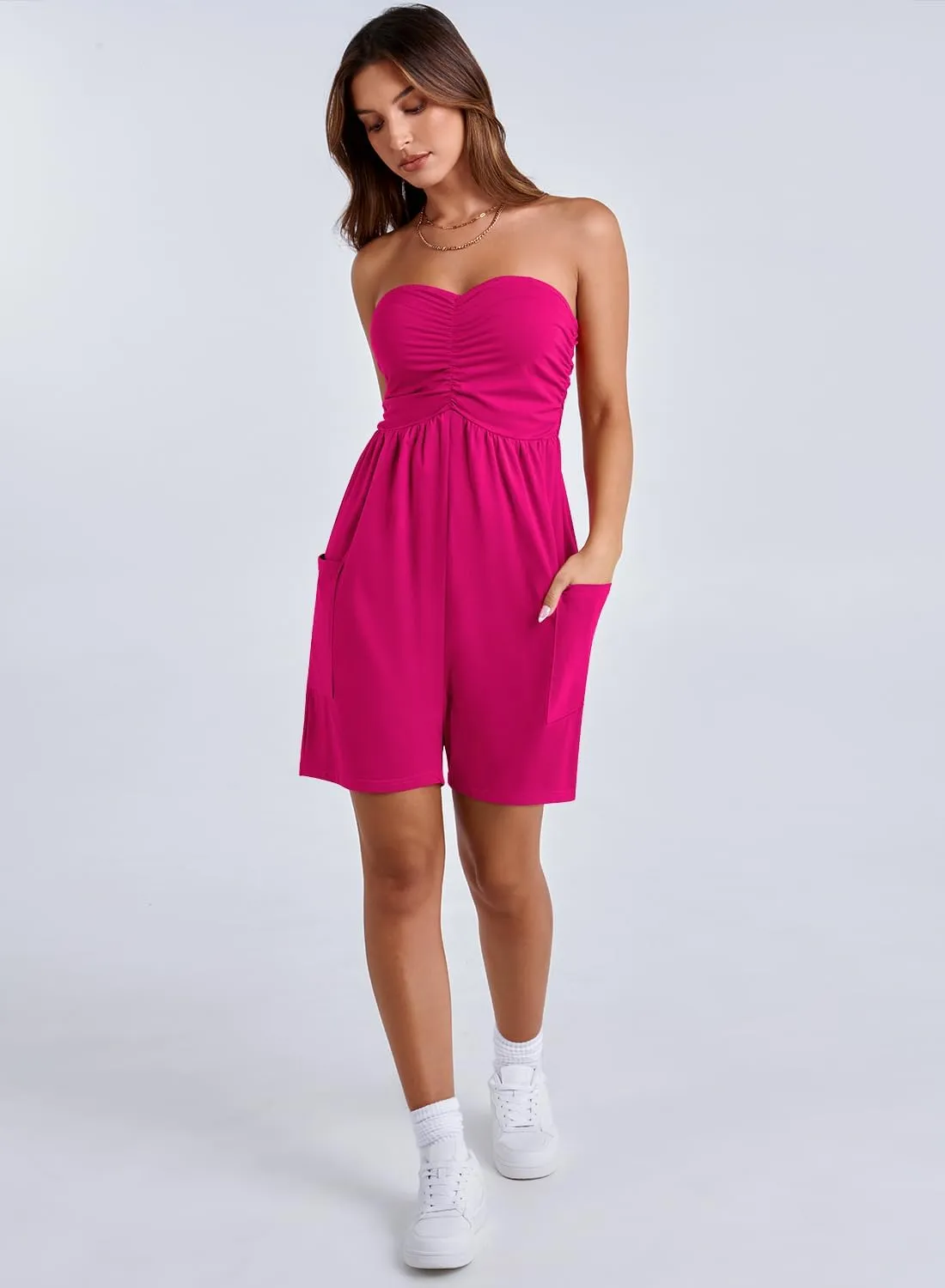 MIHOLL Womens Jumpsuit 2025 Casual Summer Strapless One Piece Rompers Loose Overalls Jumpers with Pockets