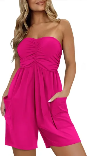 MIHOLL Womens Jumpsuit 2025 Casual Summer Strapless One Piece Rompers Loose Overalls Jumpers with Pockets