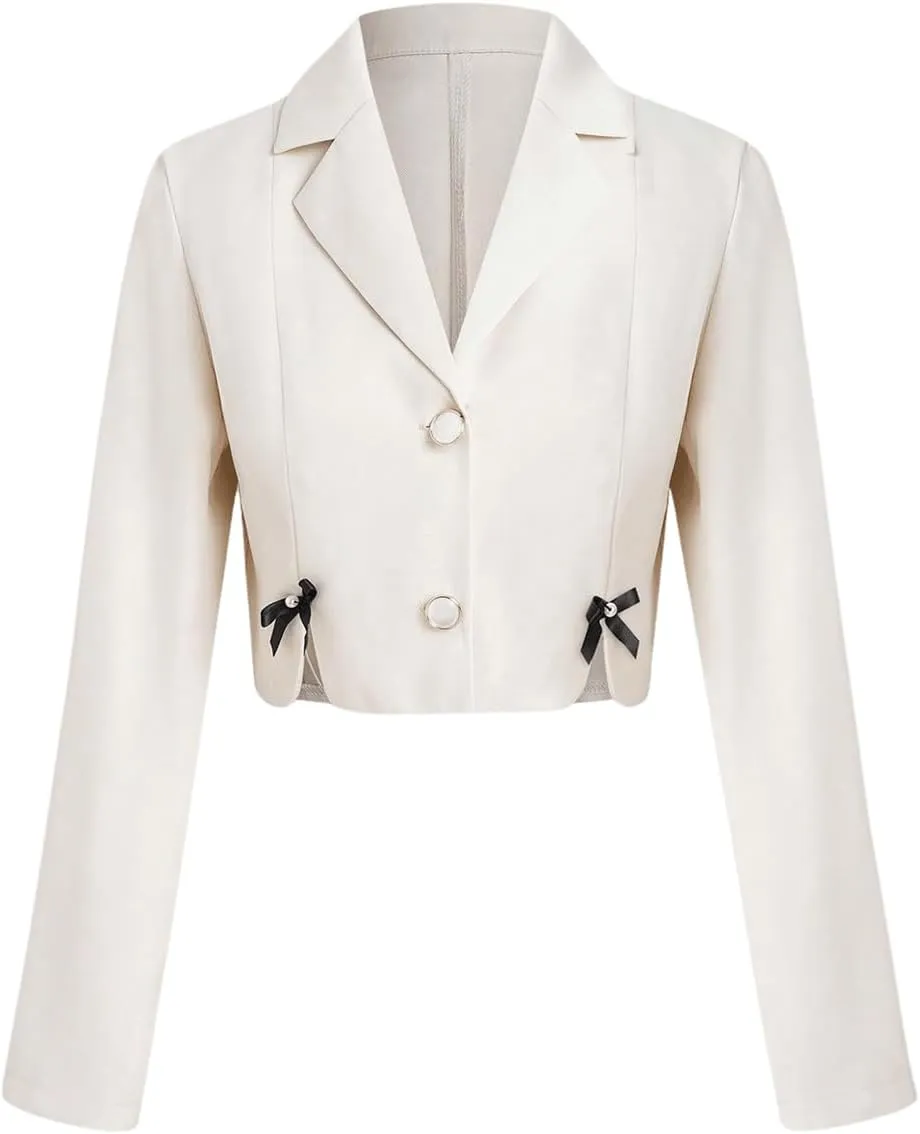 Milumia Women's Casual Crop Blazers Bow Lapel Button Down Long Sleeve Work Office Blazer Jacket