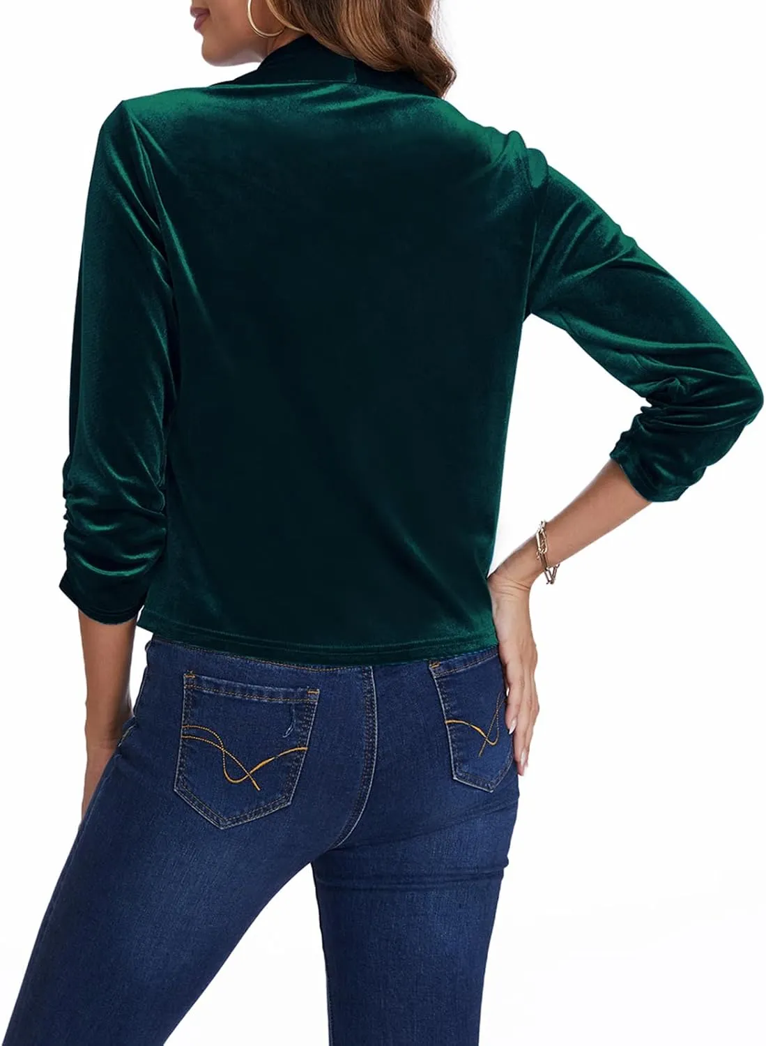 MINTLIMIT Women's Casual Velvet Blazer Jackets 3/4 Ruched Sleeve Shawl Collar Draped Open Front Fall Velvet Blazers
