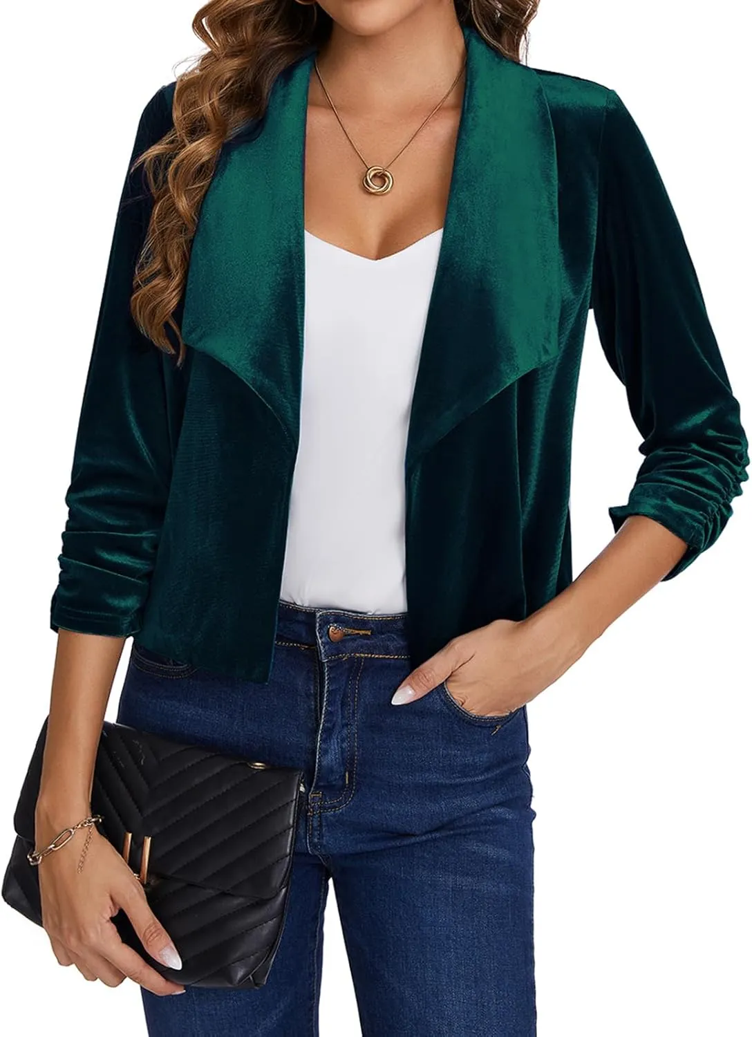 MINTLIMIT Women's Casual Velvet Blazer Jackets 3/4 Ruched Sleeve Shawl Collar Draped Open Front Fall Velvet Blazers