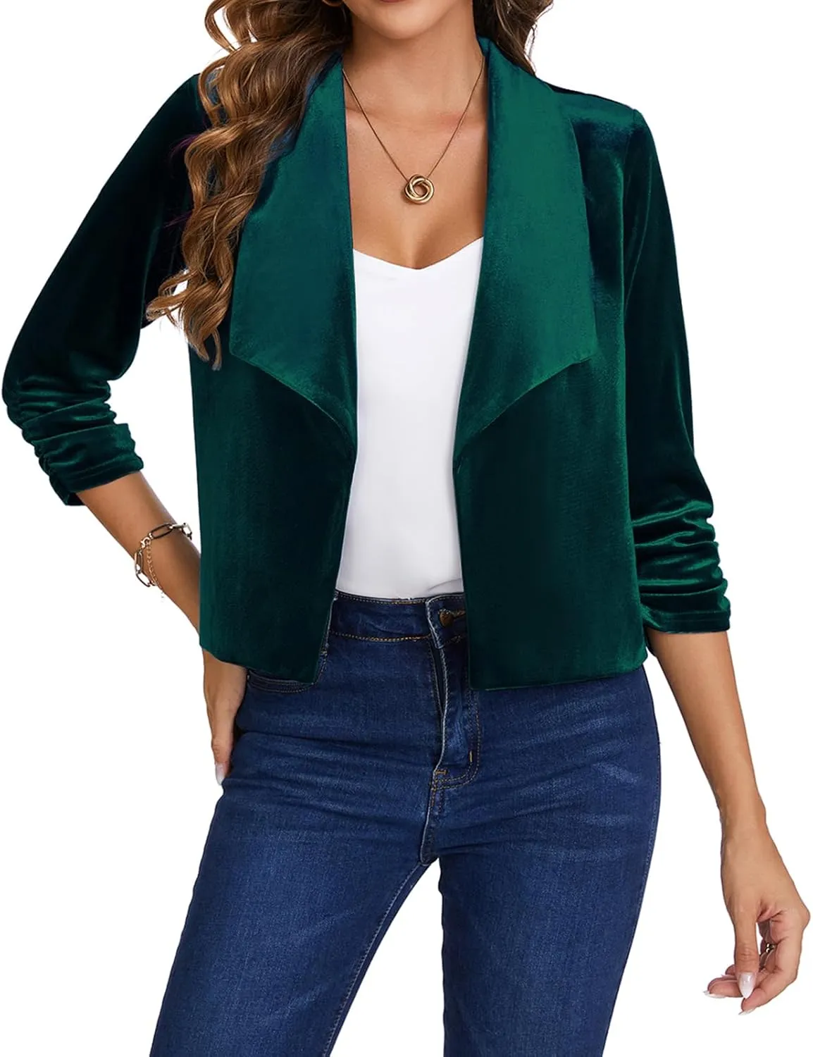 MINTLIMIT Women's Casual Velvet Blazer Jackets 3/4 Ruched Sleeve Shawl Collar Draped Open Front Fall Velvet Blazers