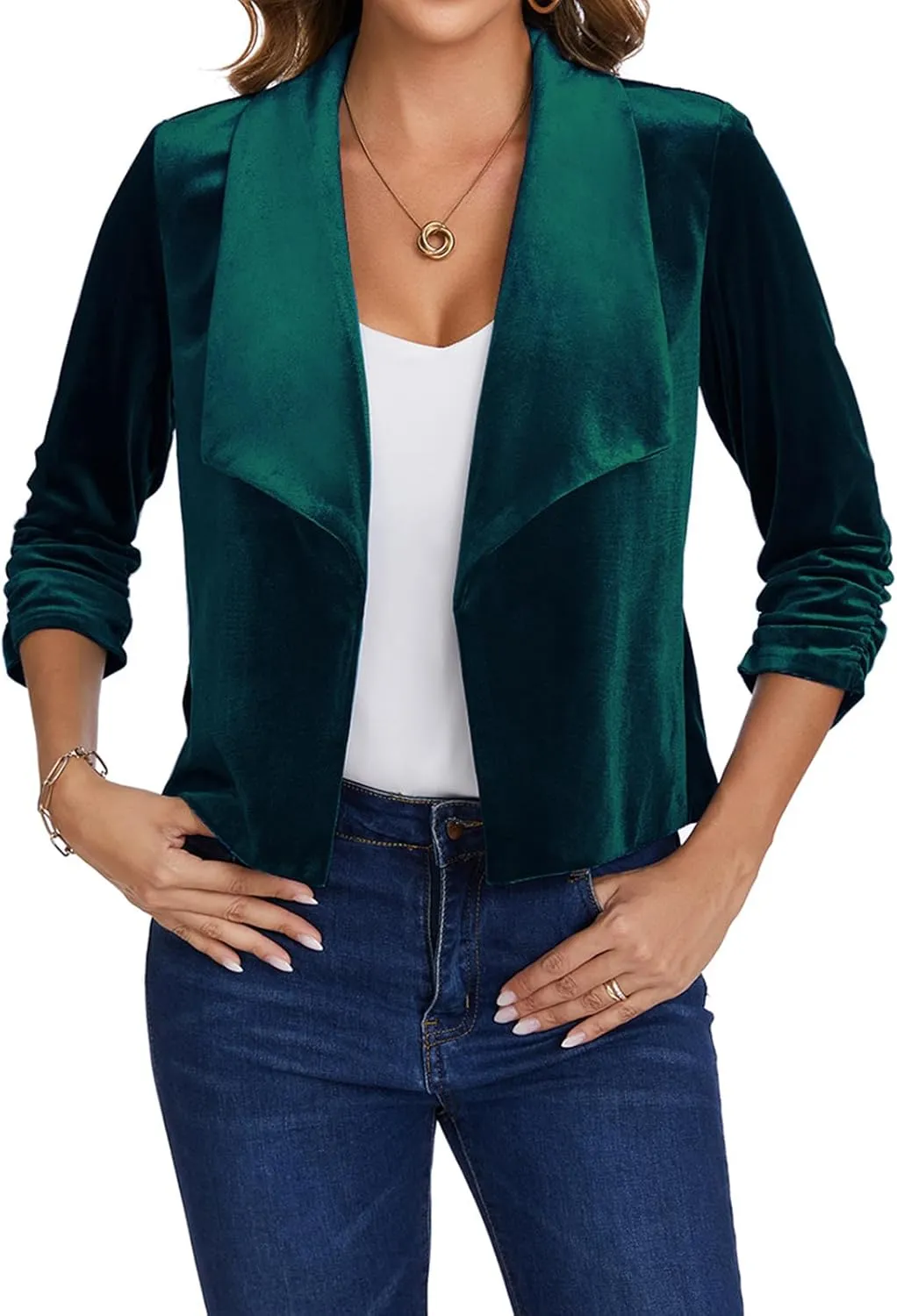MINTLIMIT Women's Casual Velvet Blazer Jackets 3/4 Ruched Sleeve Shawl Collar Draped Open Front Fall Velvet Blazers