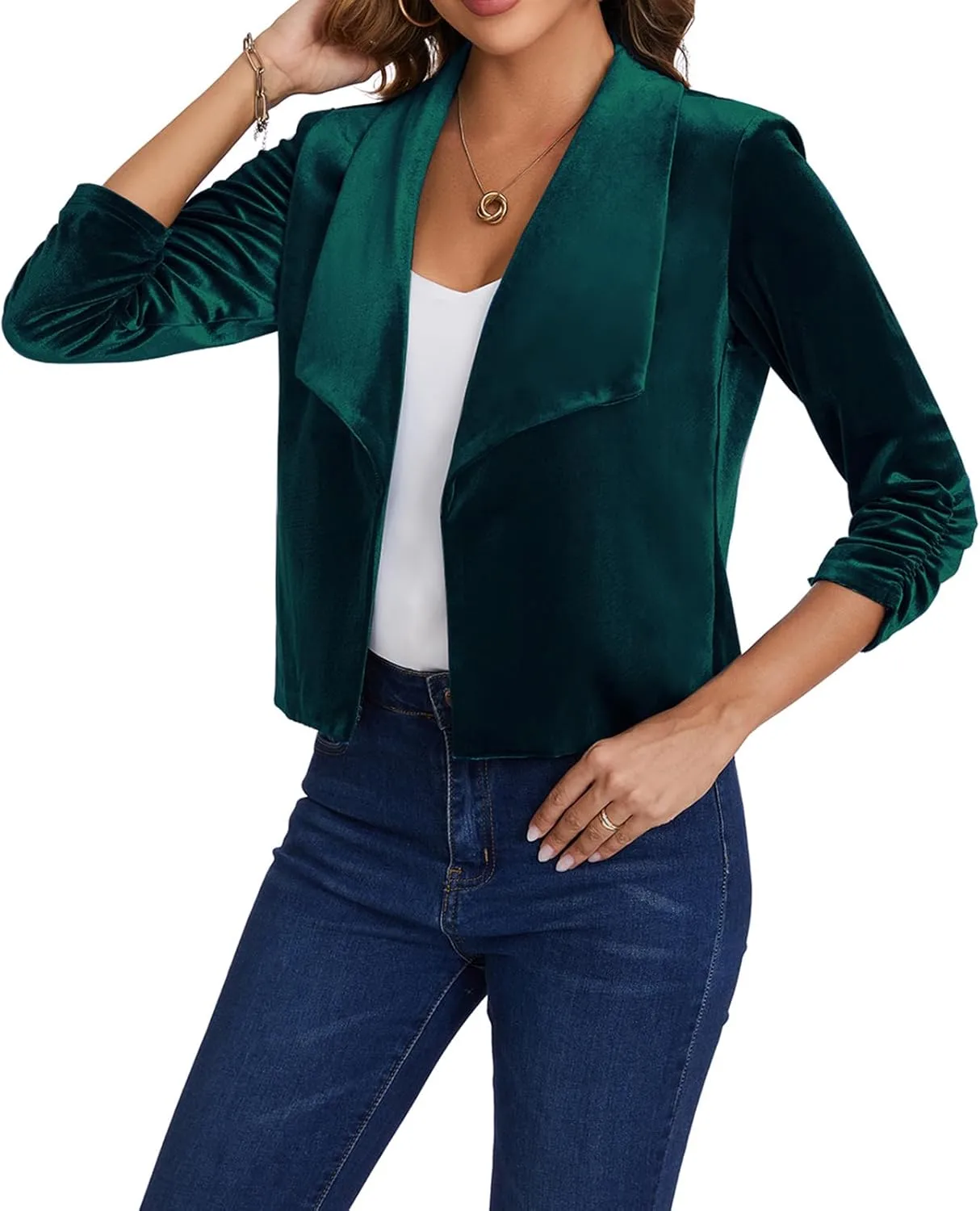 MINTLIMIT Women's Casual Velvet Blazer Jackets 3/4 Ruched Sleeve Shawl Collar Draped Open Front Fall Velvet Blazers