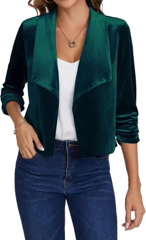 MINTLIMIT Women's Casual Velvet Blazer Jackets 3/4 Ruched Sleeve Shawl Collar Draped Open Front Fall Velvet Blazers
