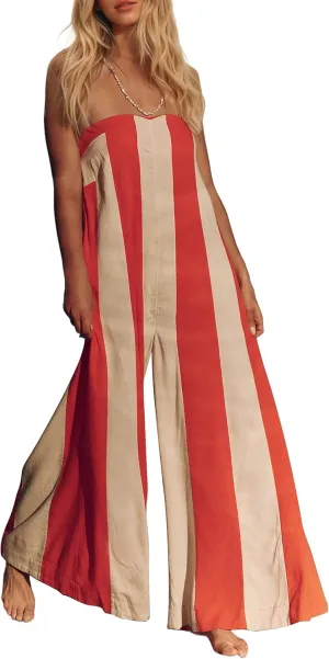 MISSACTIVER Summer Wide Leg Jumpsuits for Women Striped Strapless Long Rompers 2025 Sleeveless One Piece Outfits with Pocket
