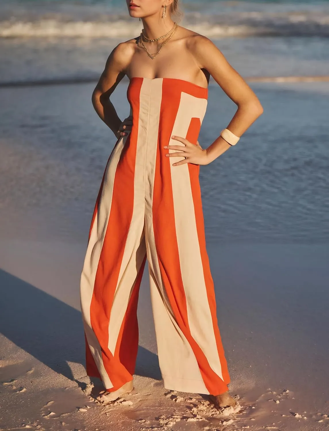 MISSACTIVER Summer Wide Leg Jumpsuits for Women Striped Strapless Long Rompers 2025 Sleeveless One Piece Outfits with Pocket