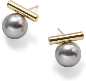 Modern Gold Bar and Gray Pearl Stud Earrings, Minimalist Design