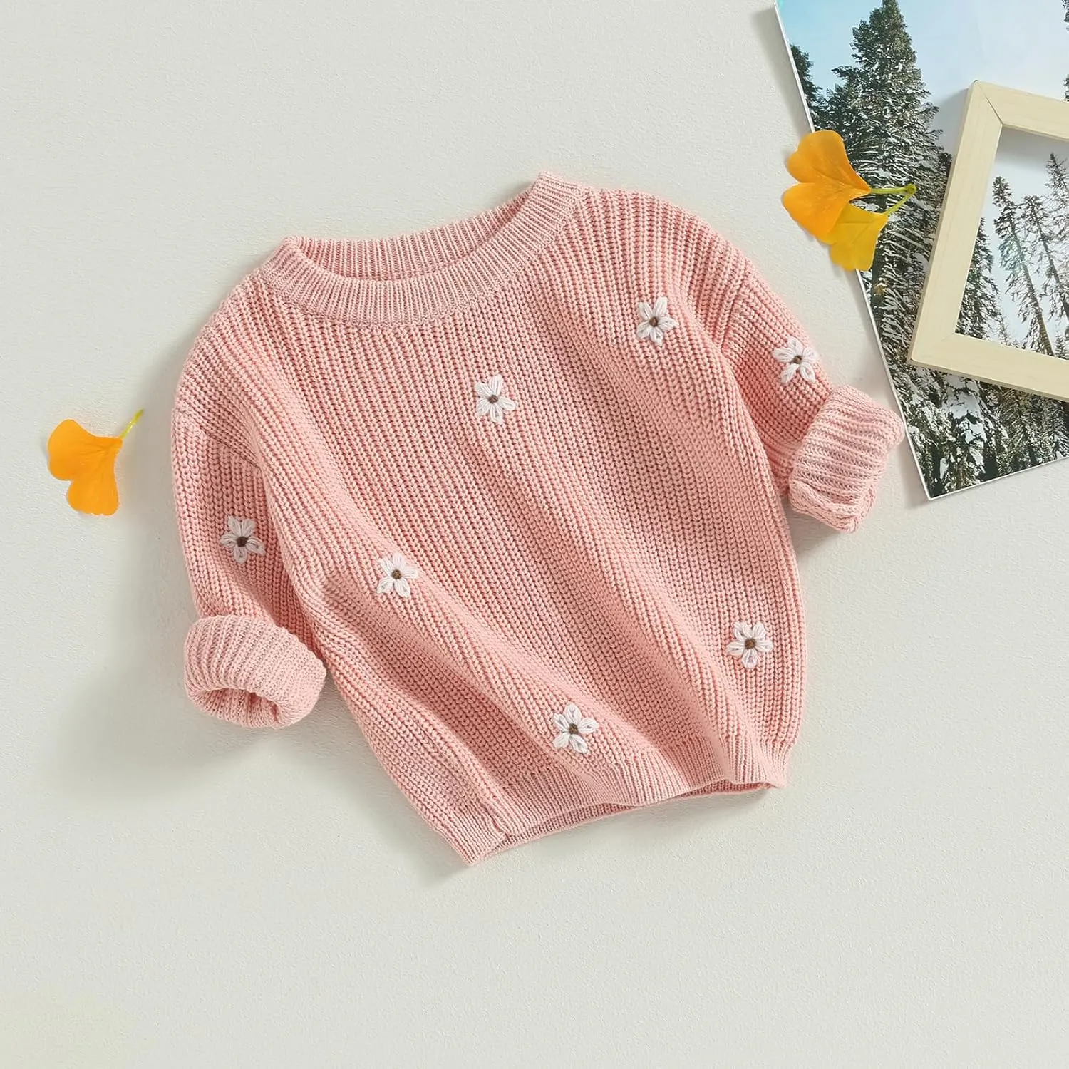 Mubineo Baby Girl Winter Clothes Cute Flower Sweater Crewneck Pullover Long Sleeve Knit Newborn Infant Sweaters
