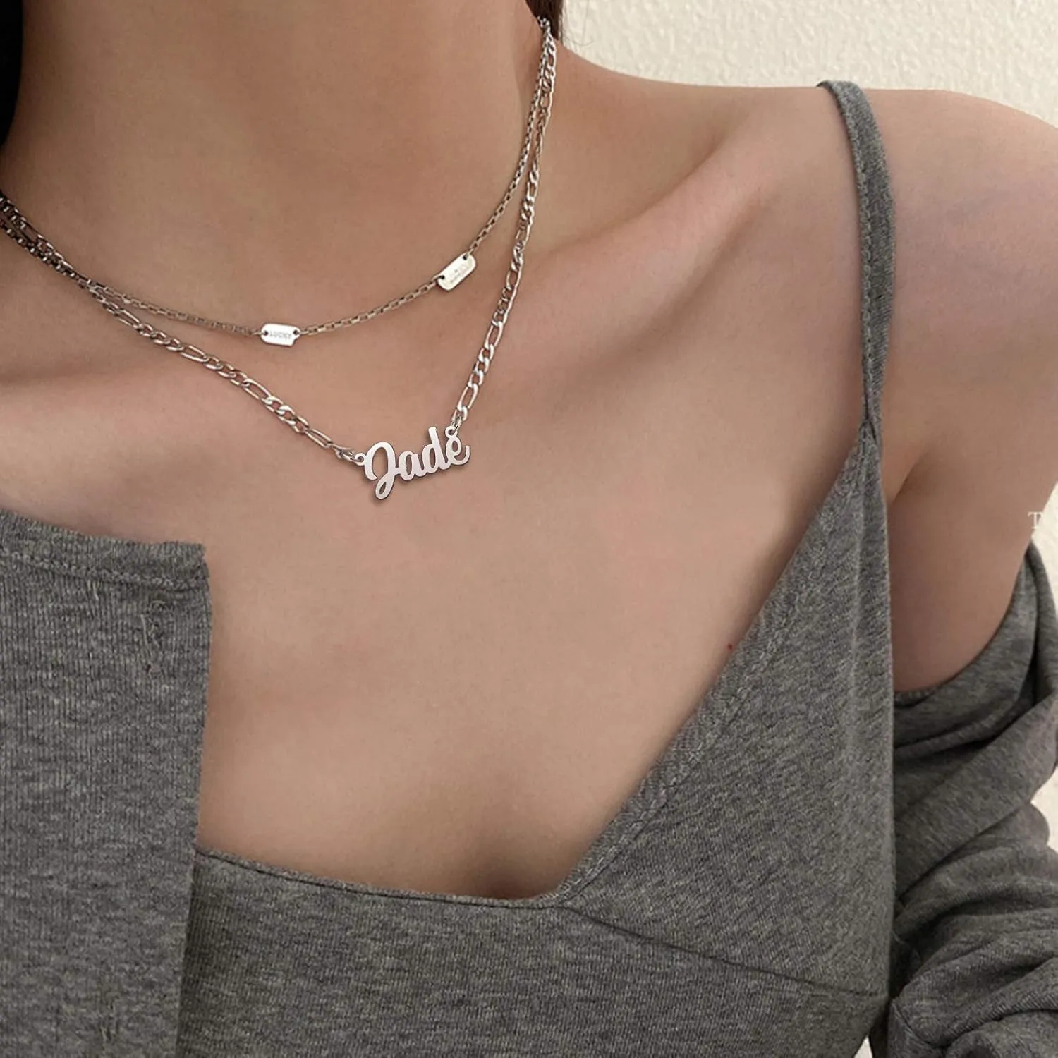 Name Necklace Personlized with Figaro Chain Link Initial Script Choker Pendant Necklace for Unisex