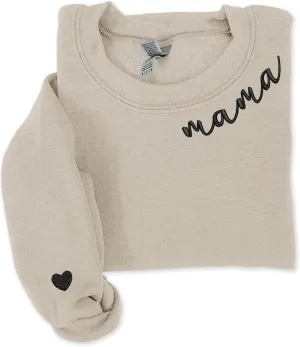 Nani - Mama Mom Embroidered Crewneck Sweatshirt Heart On Sleeve For Women -Gifts For Mom Mama Birthday Christmas Mothers Day
