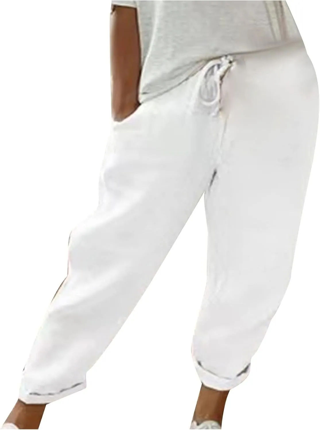 NATHGAM Womens Capri Pants Trendy Solid Color Lounge Palazzo Pants Summer Comfy Linen Loose Cropped Trousers with Pockets