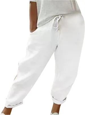 NATHGAM Womens Capri Pants Trendy Solid Color Lounge Palazzo Pants Summer Comfy Linen Loose Cropped Trousers with Pockets