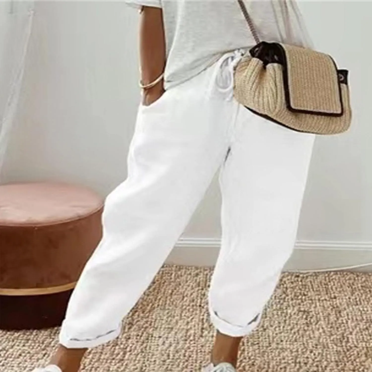 NATHGAM Womens Capri Pants Trendy Solid Color Lounge Palazzo Pants Summer Comfy Linen Loose Cropped Trousers with Pockets