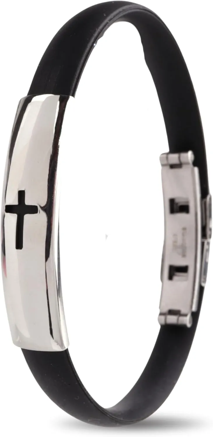 Needzo Stainless Steel First Communion Bracelet, Black Wristband with Sideways Cross and Secure Folding Clasp, Religious Catholic Gift for Faith Milestones (8 Inches)
