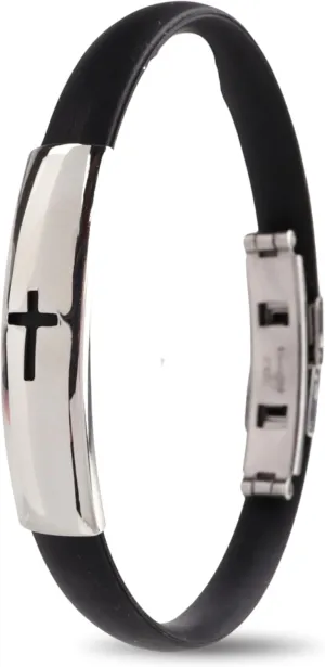 Needzo Stainless Steel First Communion Bracelet, Black Wristband with Sideways Cross and Secure Folding Clasp, Religious Catholic Gift for Faith Milestones (8 Inches)