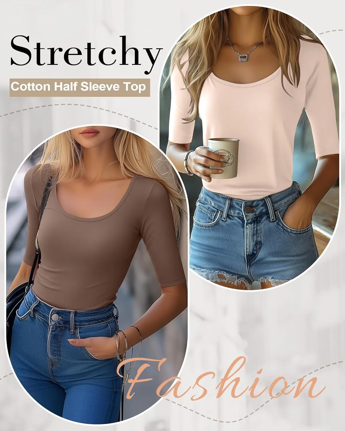 Neer 3 Pack Women's Scoop Neck Stretchy Tops Cotton Half Sleeve Slim Fitted T-Shirts Tight Casual Basic Summer Tees