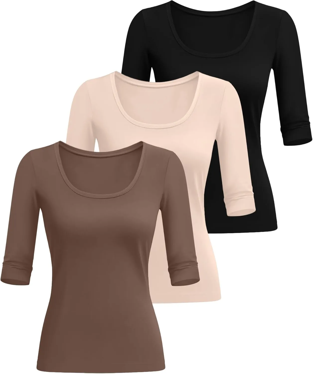 Neer 3 Pack Women's Scoop Neck Stretchy Tops Cotton Half Sleeve Slim Fitted T-Shirts Tight Casual Basic Summer Tees