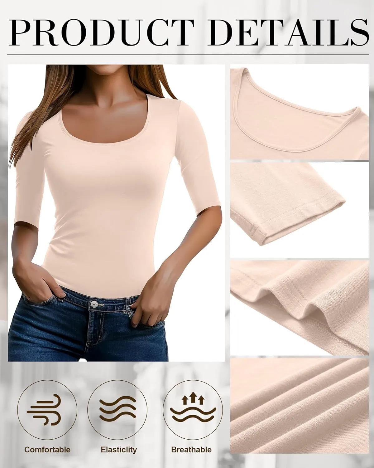 Neer 3 Pack Women's Scoop Neck Stretchy Tops Cotton Half Sleeve Slim Fitted T-Shirts Tight Casual Basic Summer Tees