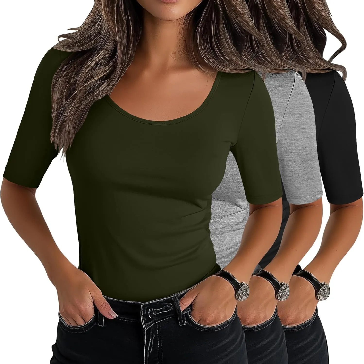 Neer 3 Pack Women's Scoop Neck Stretchy Tops Cotton Half Sleeve Slim Fitted T-Shirts Tight Casual Basic Summer Tees