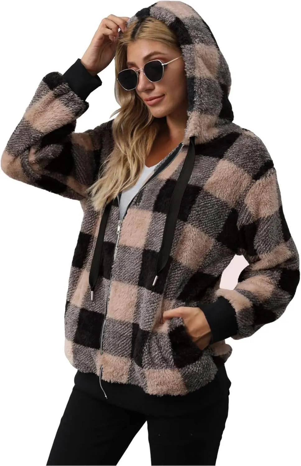 Nirovien Womens Sherpa Jacket Fuzzy Zip Up Hoodie Oversized Fleece Jackets Fluffy Coat with Pockets
