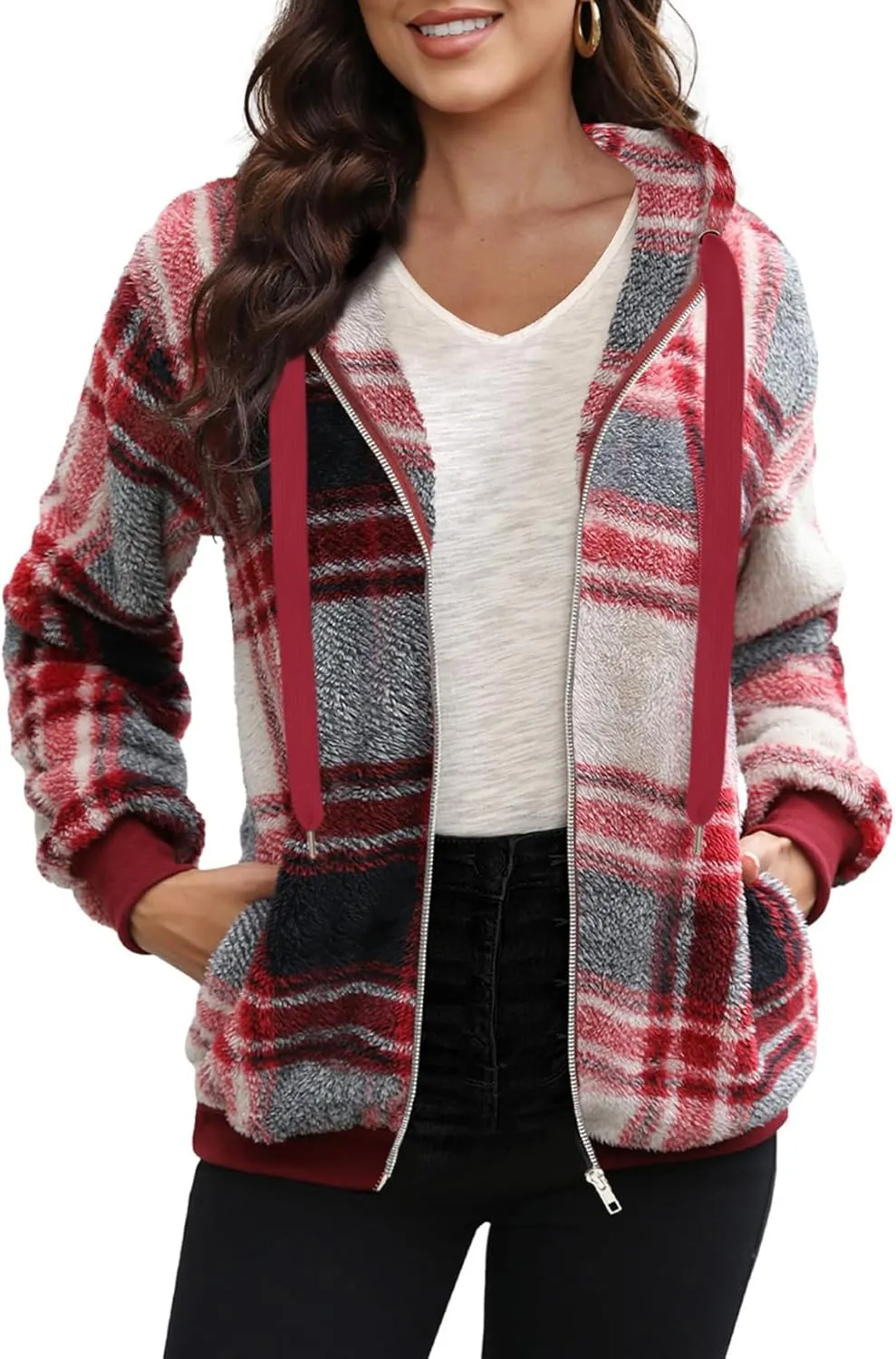 Nirovien Womens Sherpa Jacket Fuzzy Zip Up Hoodie Oversized Fleece Jackets Fluffy Coat with Pockets