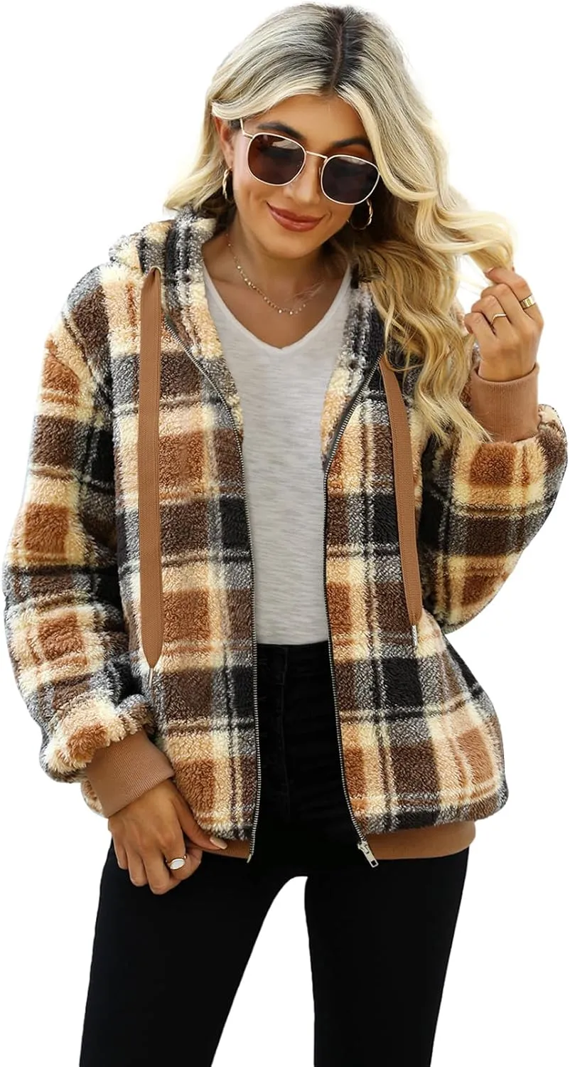 Nirovien Womens Sherpa Jacket Fuzzy Zip Up Hoodie Oversized Fleece Jackets Fluffy Coat with Pockets